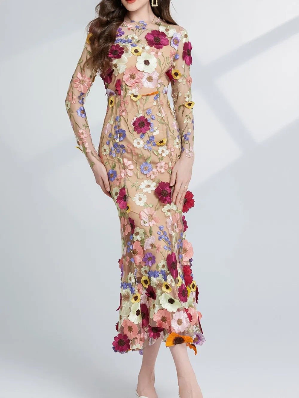 Floral Embroidered Mesh Long Sleeve Midi Dress