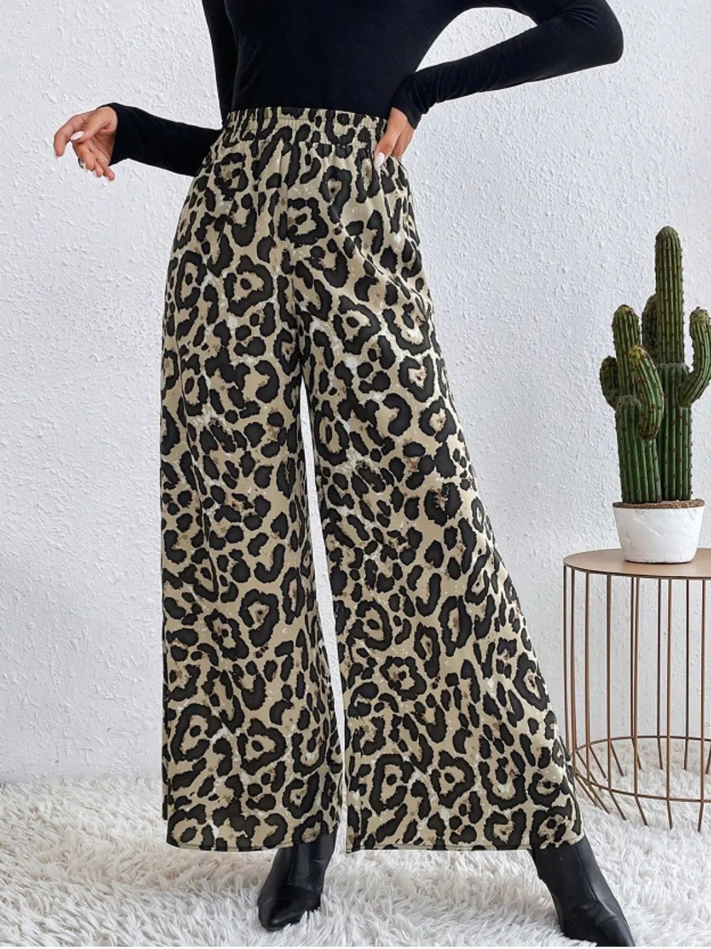 Leopard Print Elastic Waist Wide Leg Pants