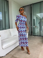 Slit Printed Single Shoulder Midi Dress