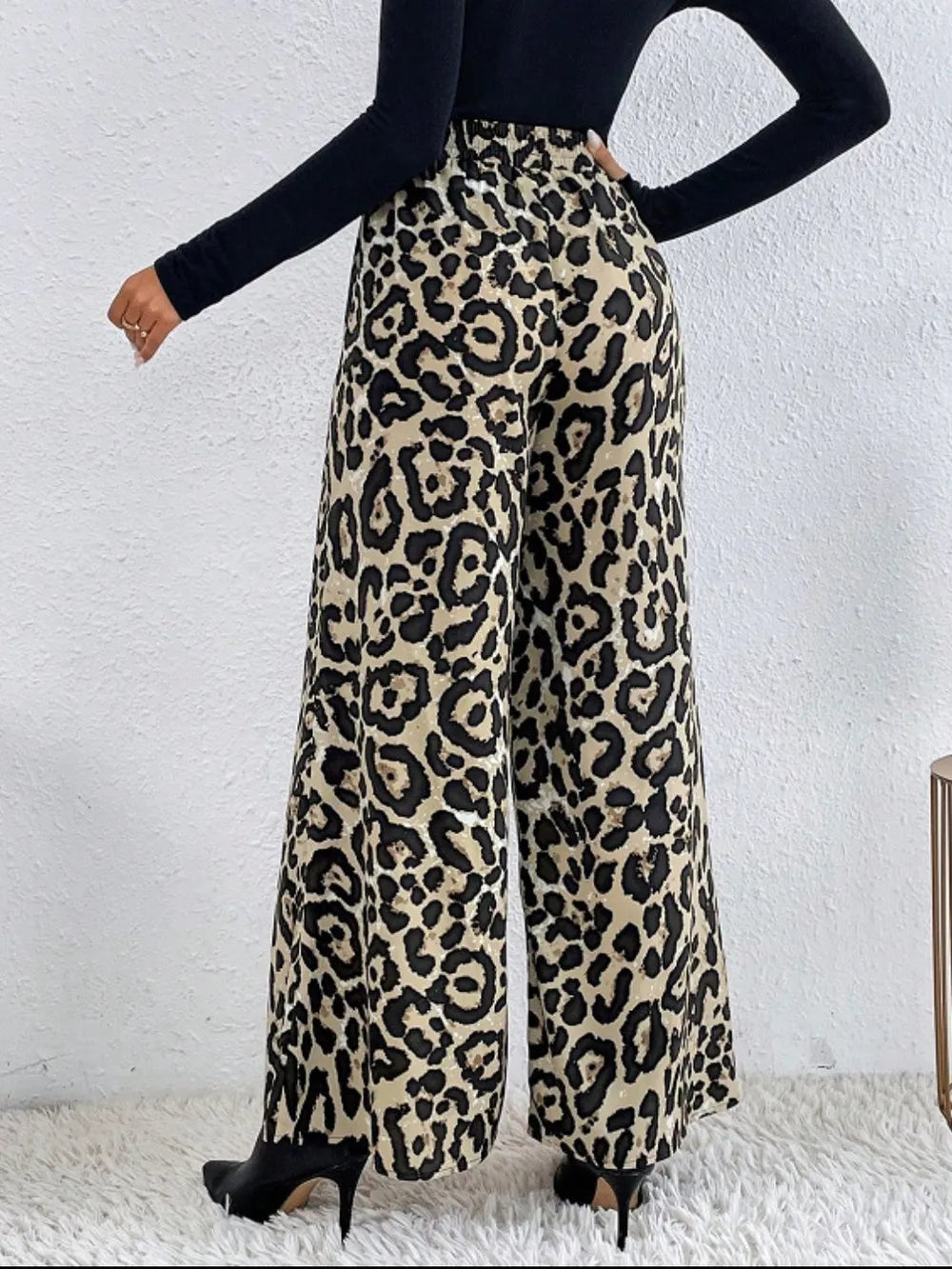 Leopard Print Elastic Waist Wide Leg Pants