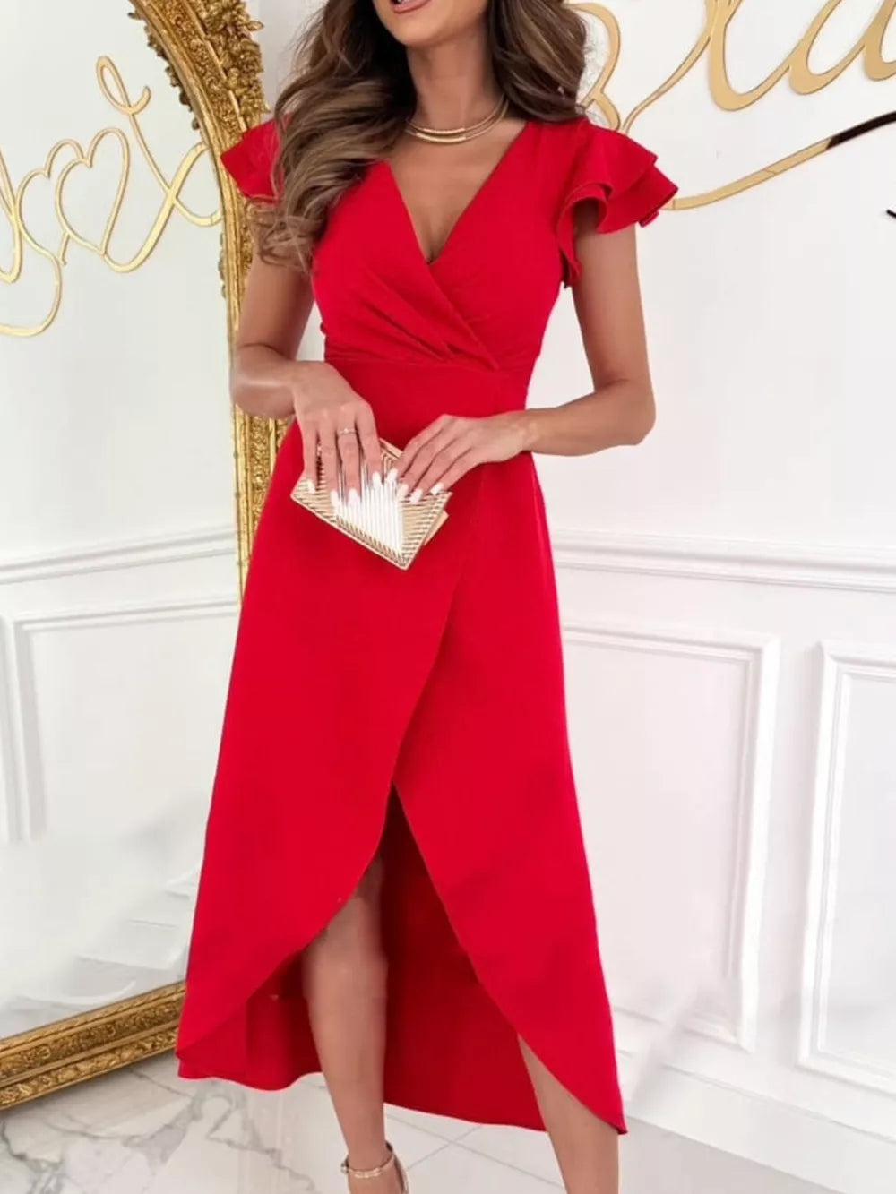 Ruffle Sleeve Wrap Midi Dress
