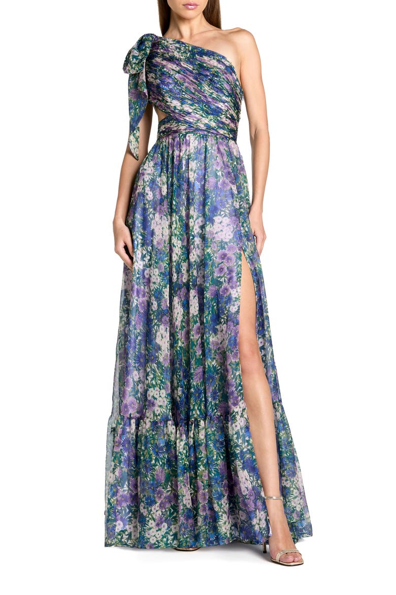 Floral One-Shoulder Cutout Chiffon Evening Gown