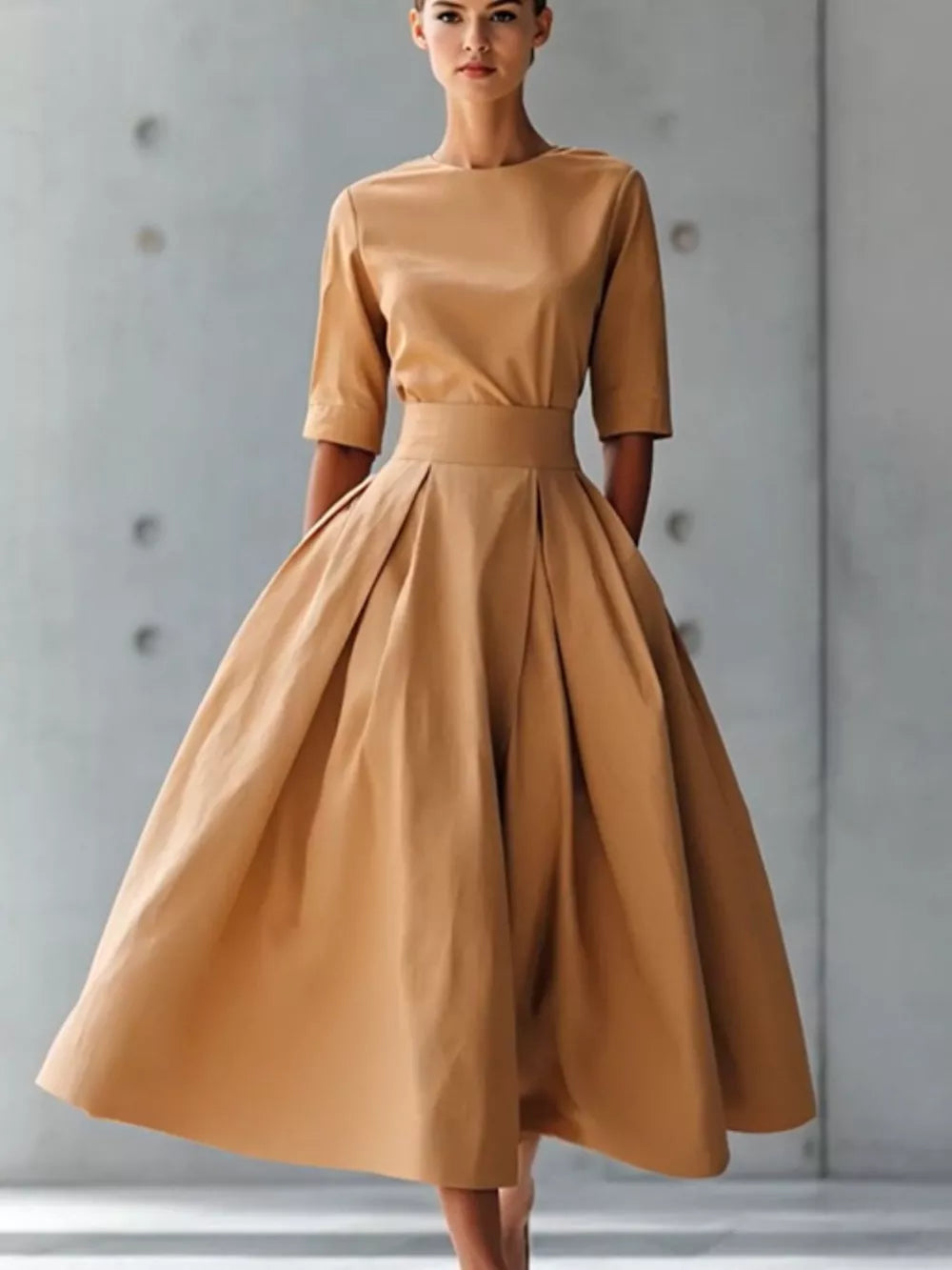 Round Neck A-Line Midi Dress