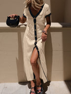 Button-Front Contrast Trim Midi Dress