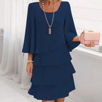 Chiffon Tiered Layered Tea Length Asymmetrical Hem A-Line Dress