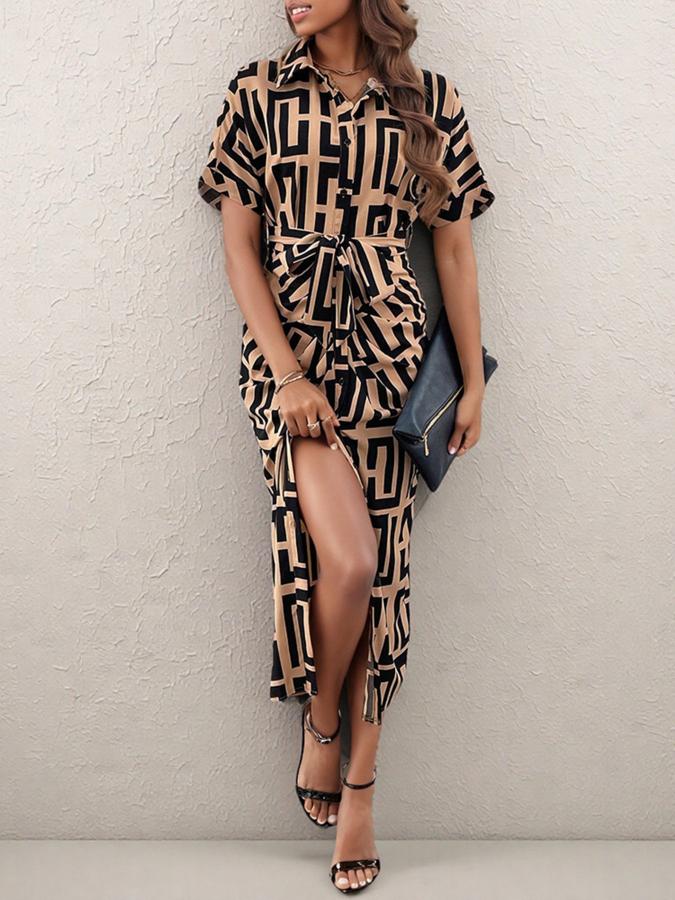 Geometric Print Belted Shirt Dress