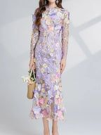 Floral Embroidered Mesh Long Sleeve Midi Dress