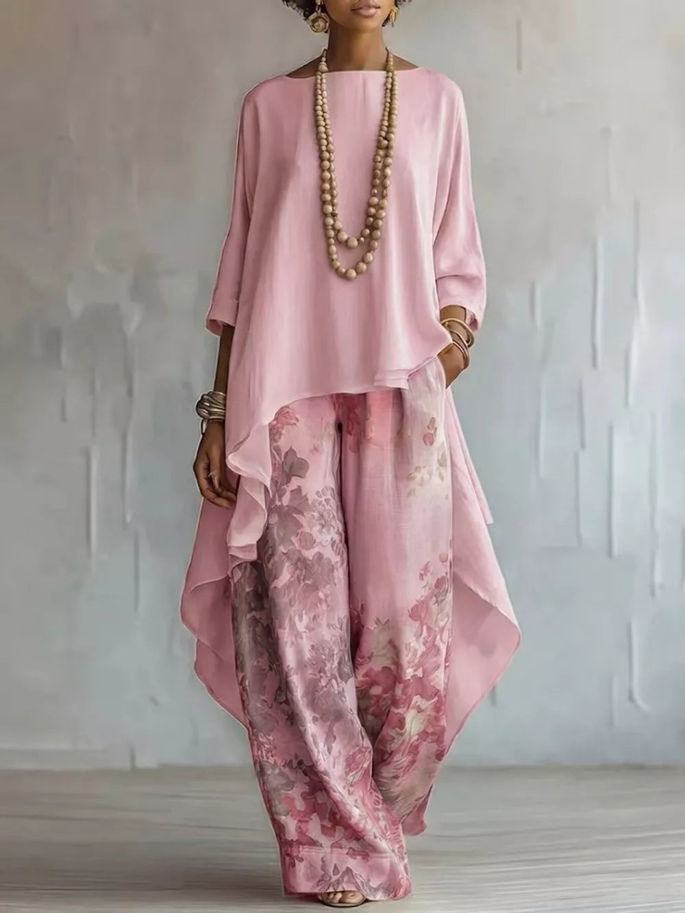 Asymmetrical Hem Top and Floral Pants Set
