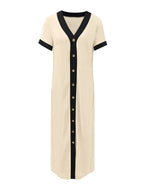 Button-Front Contrast Trim Midi Dress