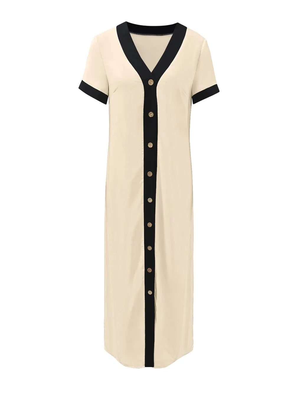 Button-Front Contrast Trim Midi Dress