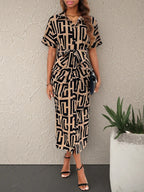 Geometric Print Belted Shirt Dress