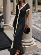 Button-Front Contrast Trim Midi Dress