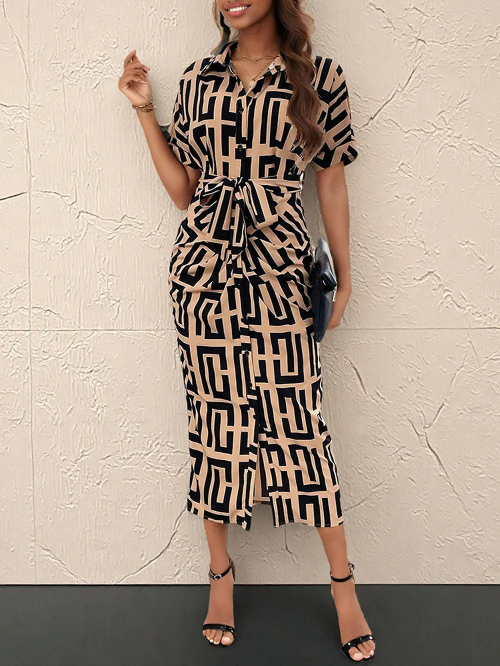 Geometric Print Belted Shirt Dress