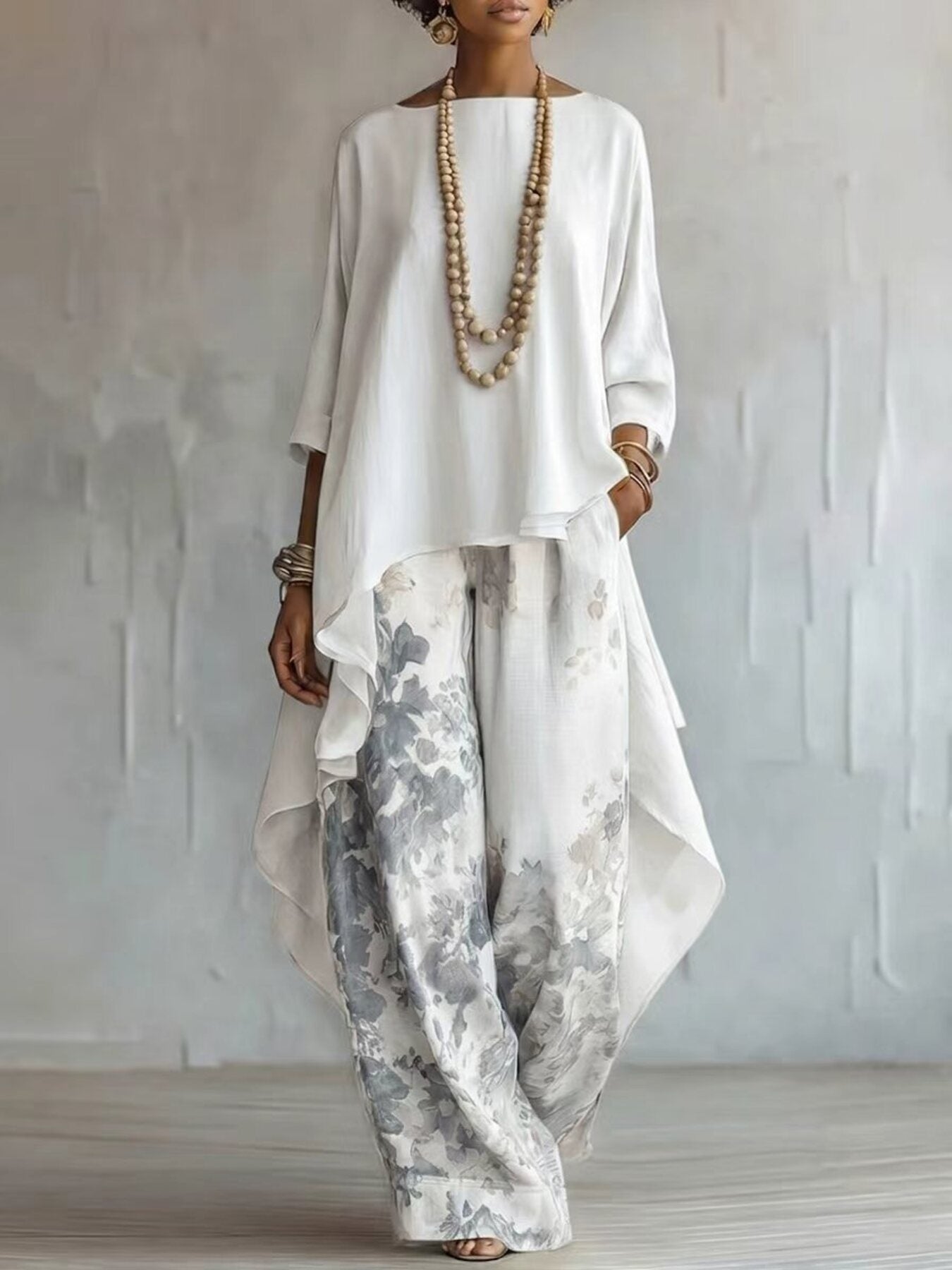 Asymmetrical Hem Top and Floral Pants Set