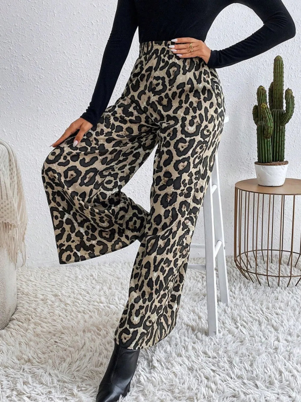 Leopard Print Elastic Waist Wide Leg Pants