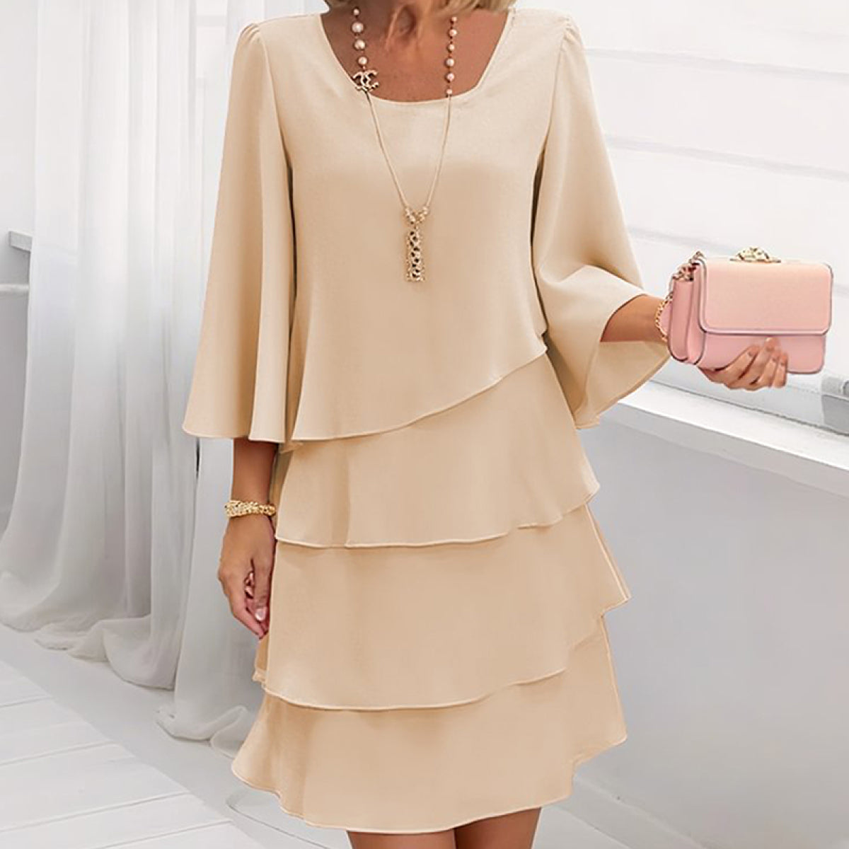 Chiffon Tiered Layered Tea Length Asymmetrical Hem A-Line Dress