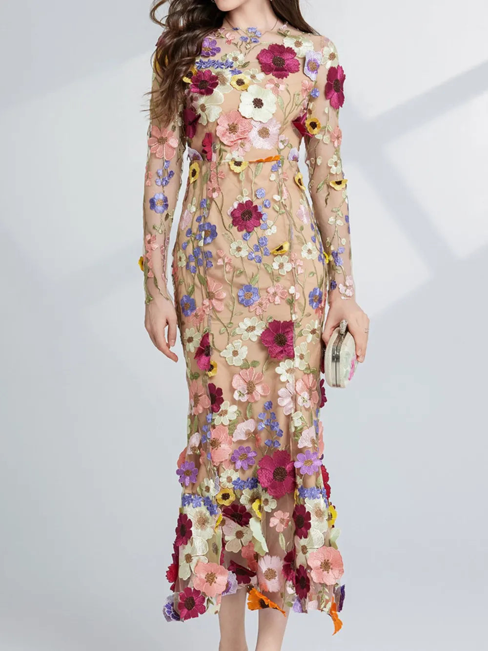 Floral Embroidered Mesh Long Sleeve Midi Dress