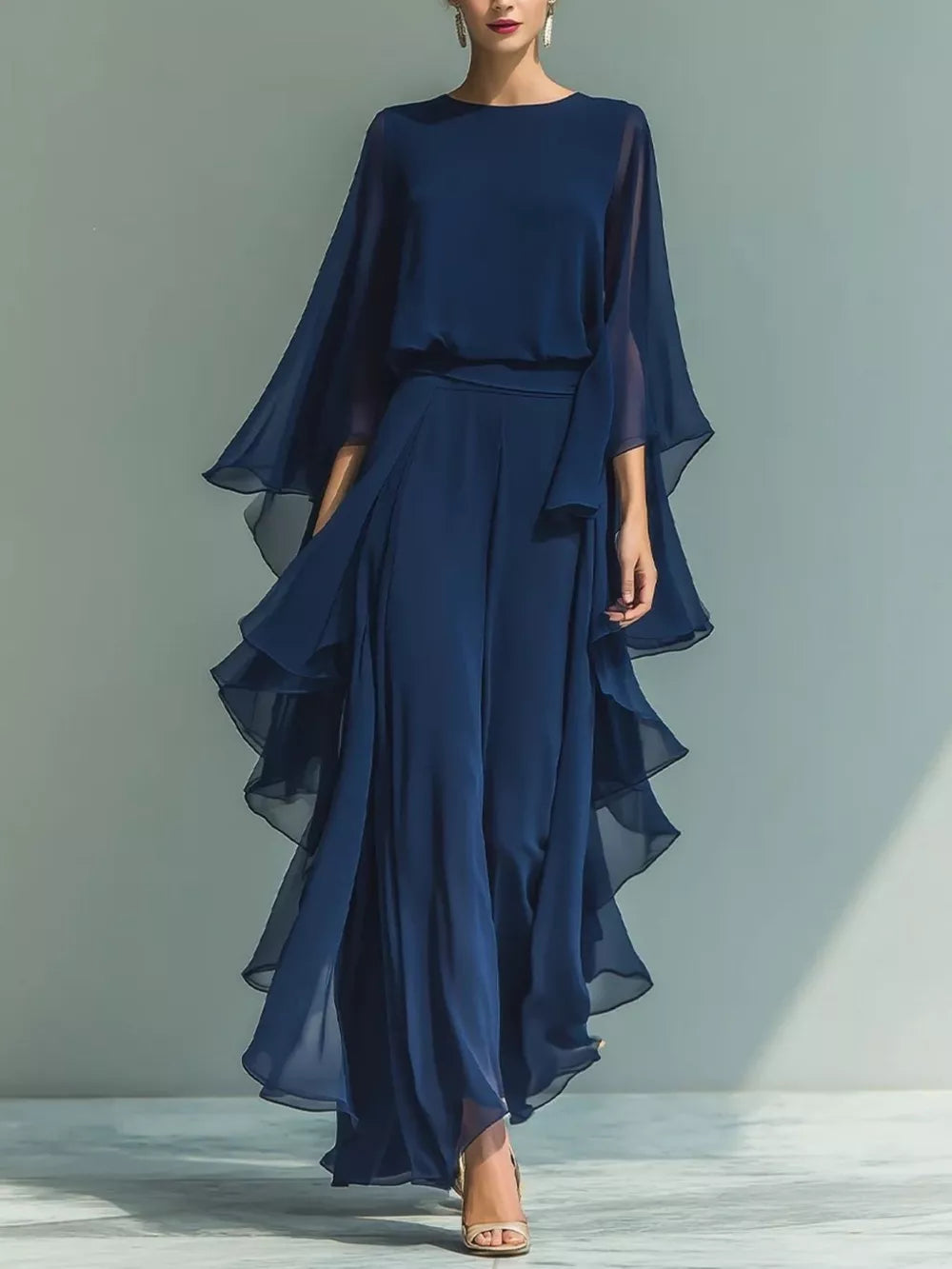 Ruffled Chiffon Long Sleeve Top and Pants Set