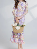 Floral Embroidered Mesh Long Sleeve Midi Dress