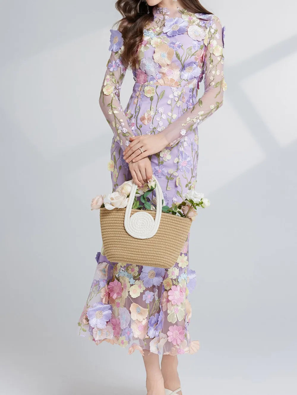 Floral Embroidered Mesh Long Sleeve Midi Dress