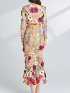 Floral Embroidered Mesh Long Sleeve Midi Dress