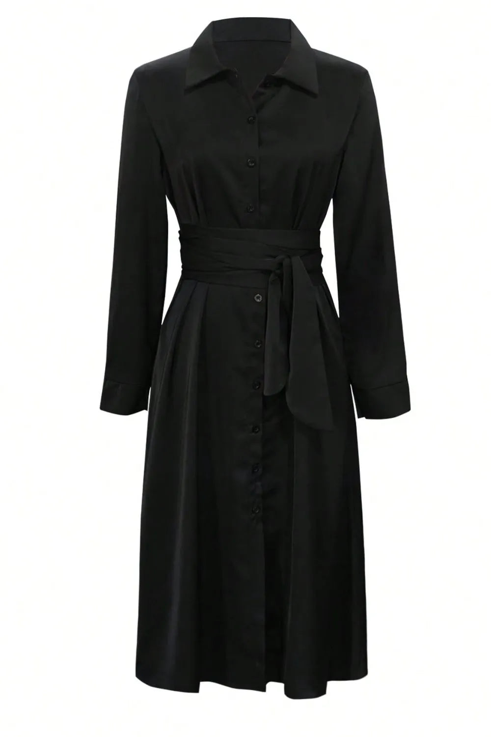 Long Sleeve Belted Shirt Midi Dress