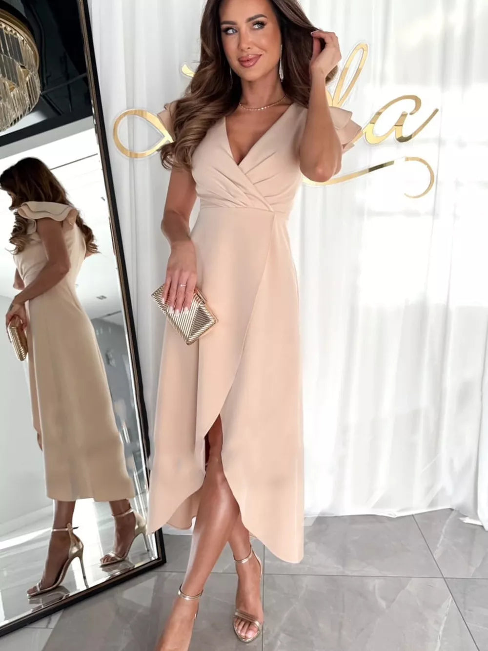 Ruffle Sleeve Wrap Midi Dress