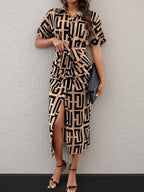 Geometric Print Belted Shirt Dress