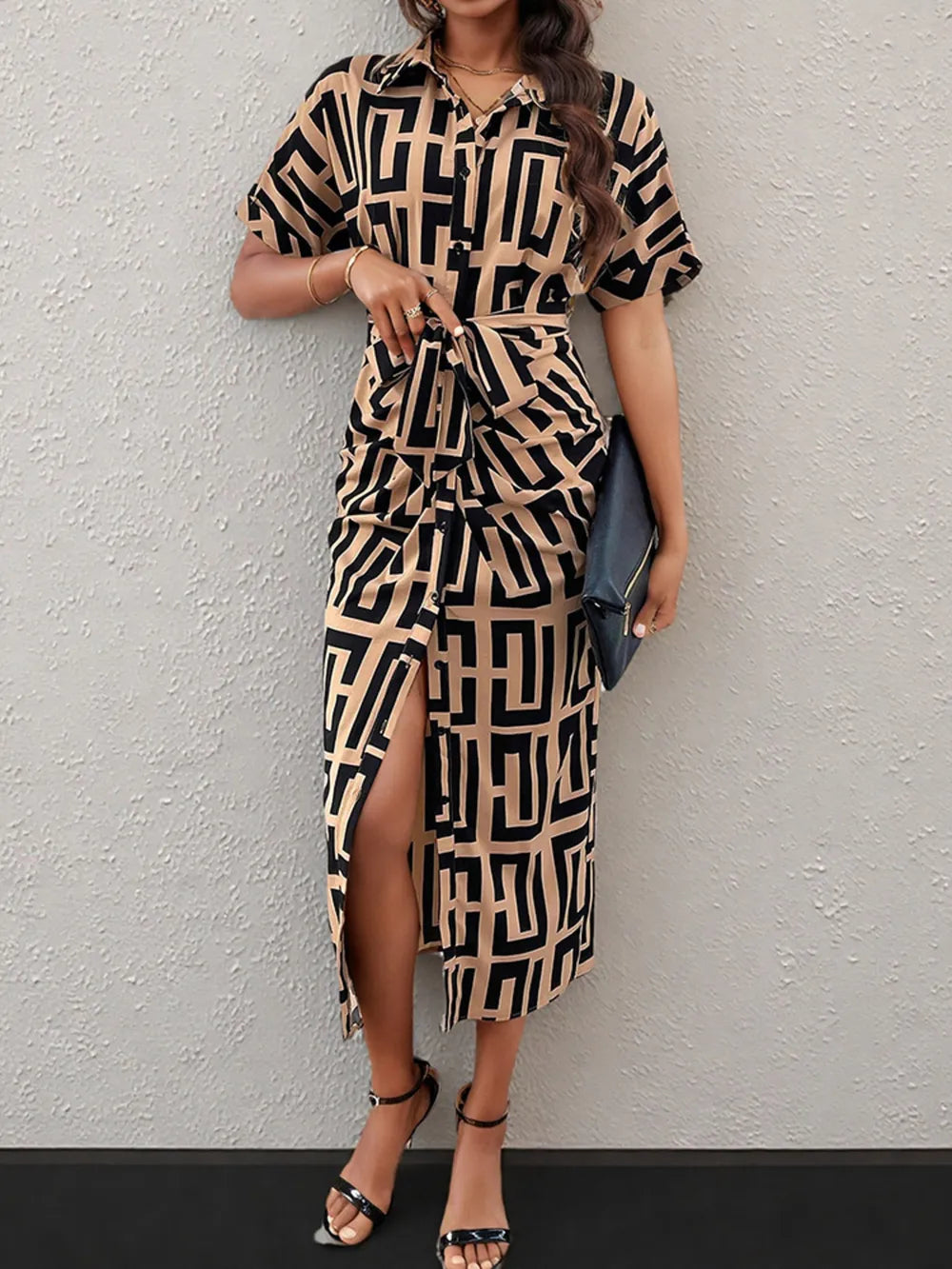 Geometric Print Belted Shirt Dress