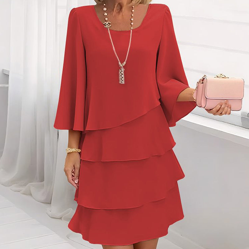 Chiffon Tiered Layered Tea Length Asymmetrical Hem A-Line Dress