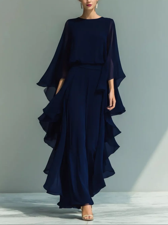 Ruffled Chiffon Long Sleeve Top and Pants Set