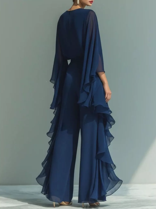 Ruffled Chiffon Long Sleeve Top and Pants Set