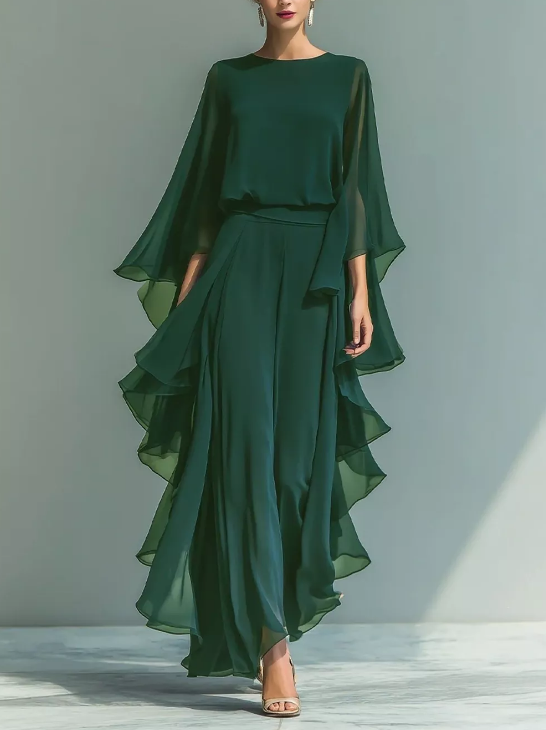 Ruffled Chiffon Long Sleeve Top and Pants Set