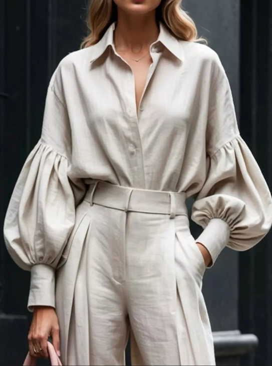 Lantern Sleeve Shirt and Wide Leg Pants Set