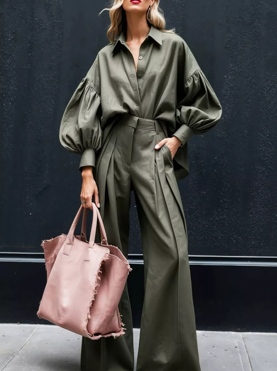 Lantern Sleeve Shirt and Wide Leg Pants Set