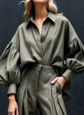 Lantern Sleeve Shirt and Wide Leg Pants Set