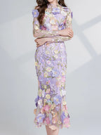Floral Embroidered Mesh Long Sleeve Midi Dress