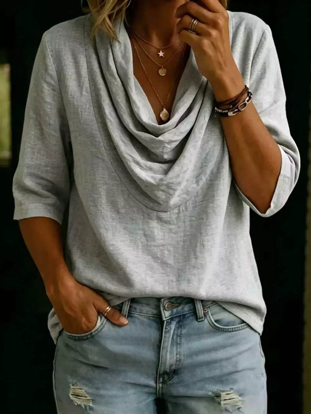 Cowl Neck 3/4 Sleeve Top