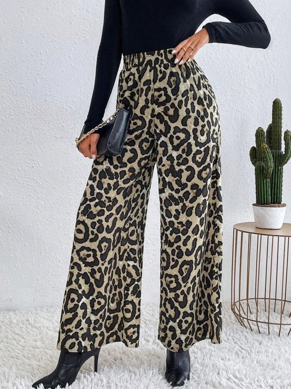 Leopard Print Elastic Waist Wide Leg Pants