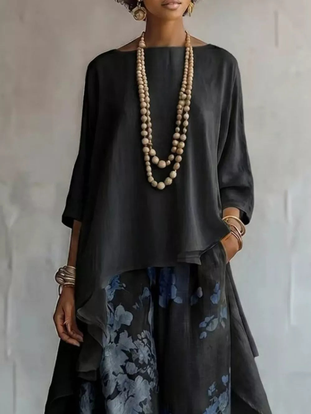 Asymmetrical Hem Top and Floral Pants Set