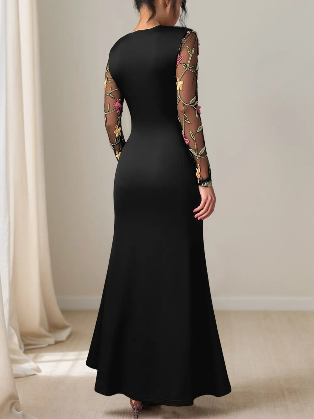 Floral Mesh Sleeve Ruched Maxi Dress