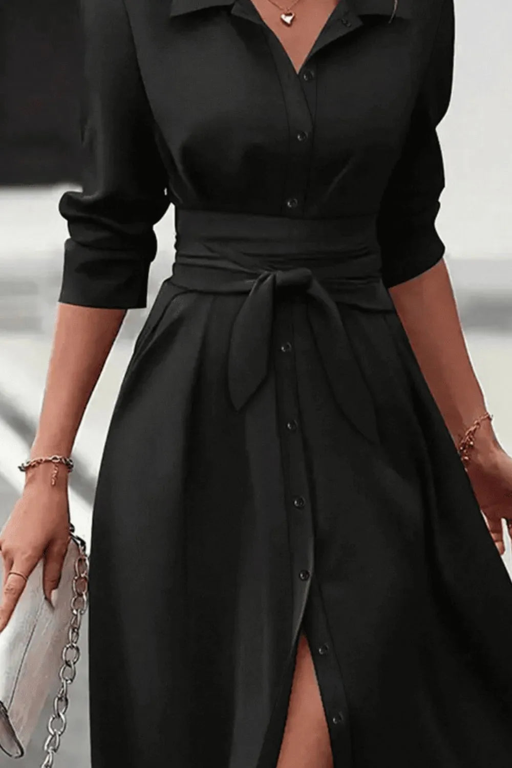 Long Sleeve Belted Shirt Midi Dress