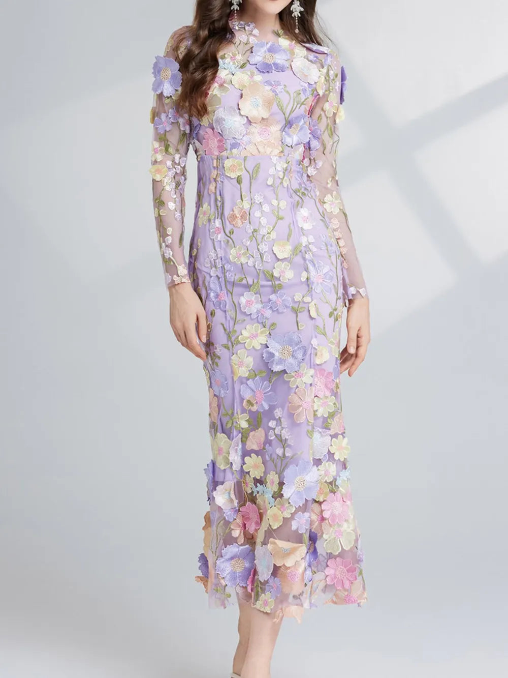 Floral Embroidered Mesh Long Sleeve Midi Dress